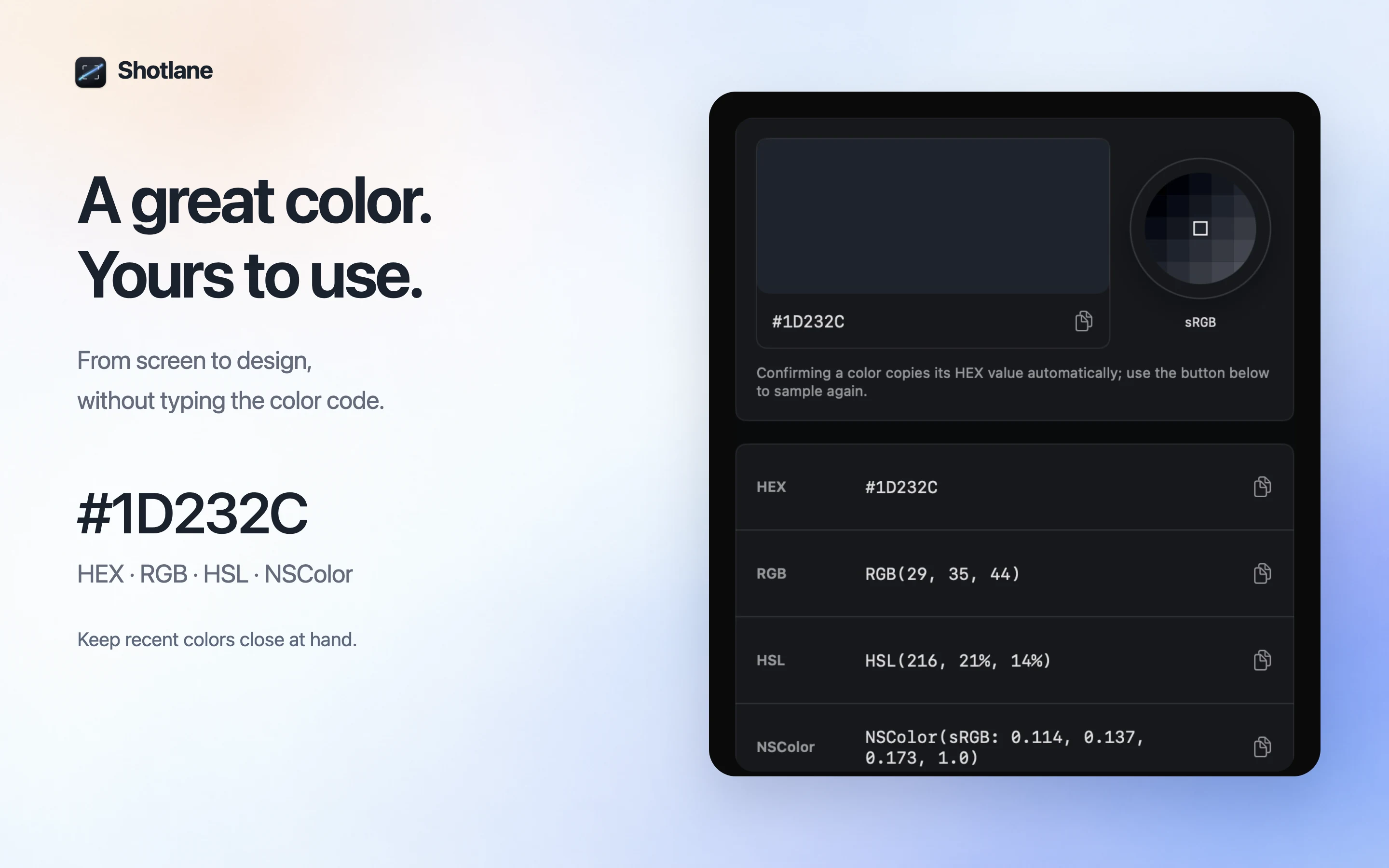 Shotlane color picker with a loupe and copyable color values